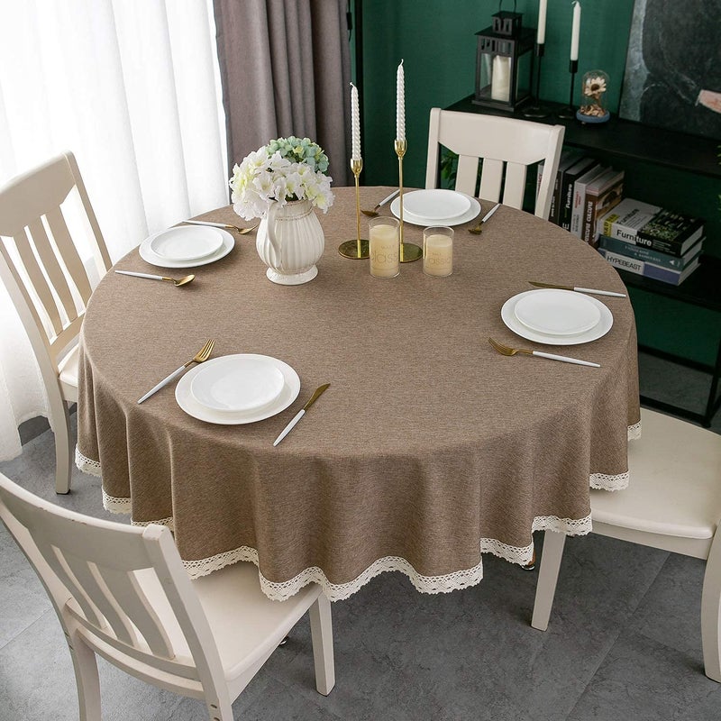 EHouseHome Faux Linen Tablecloth with Lace Trim - Waterproof/Spill Proof/Stain Resistant/Wrinkle Free/Oil Proof - for Banquet, Parties, Dinner,Kitchen,Wedding,Coffee,Holiday,Flax,Round 70Inch - Image 2